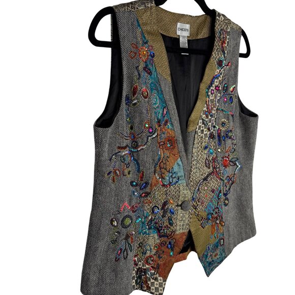 Chicos Size 1 (M/8) Women's Wool‎ Blend Vest Beaded Sequins Patchwork Artsy Boho - Picture 11 of 11
